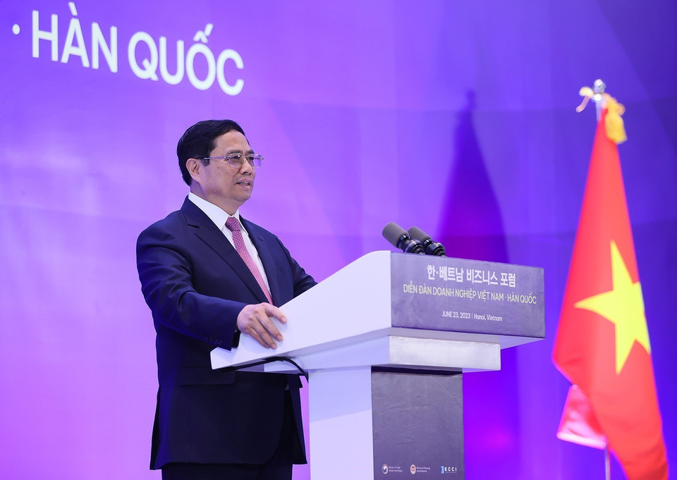 Thủ tướng Phạm Minh Chính phát biểu tại Diễn đàn Doanh nghiệp Việt Nam-Hàn Quốc. (Ảnh: Dương Giang/TTXVN)