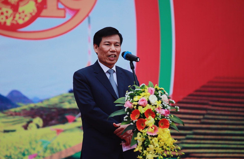 Bộ trưởng Bộ Văn hóa, Thể thao và Du lịch Nguyễn Ngọc Thiện phát biểu khai mạc Ngày hội “Sắc xuân trên mọi miền Tổ quốc” năm 2019. (Ảnh: Trọng Đạt/TTXVN)