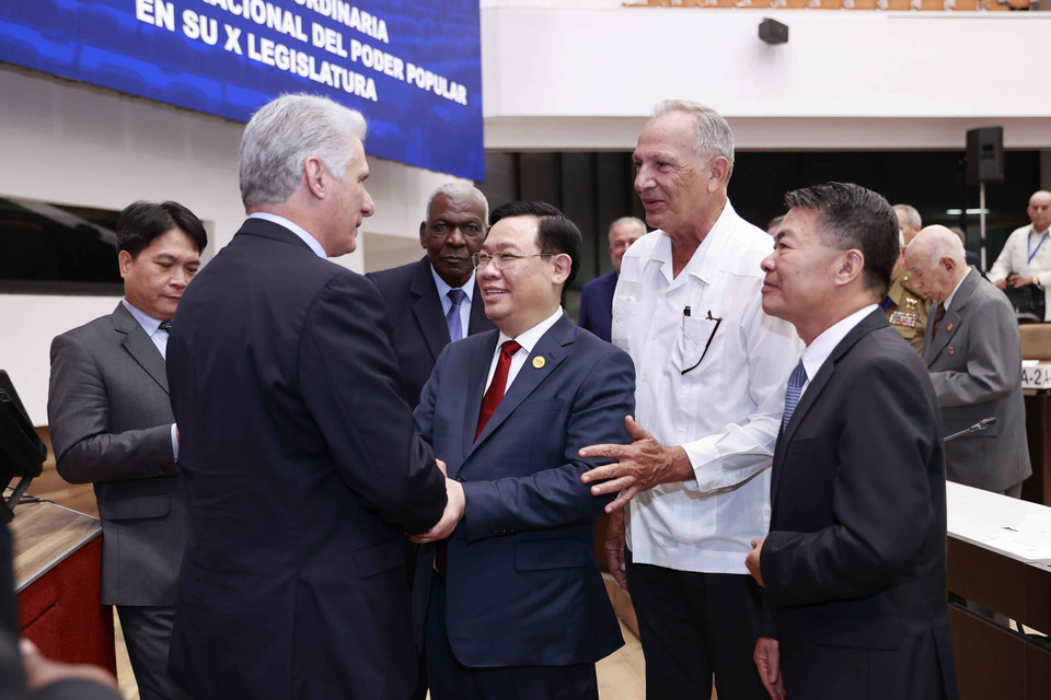 Bí thư thứ nhất Ban Chấp hành Trung ương Đảng Cộng sản Cuba, Chủ tịch nước Cộng hòa Cuba Miguel Díaz-Canel và Chủ tịch Quốc hội Vương Đình Huệ tại phiên họp. (Ảnh: Doãn Tấn/TTXVN)