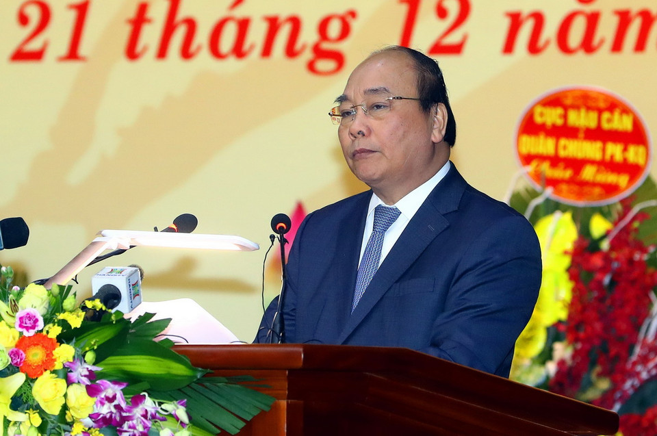 Thủ tướng Nguyễn Xuân Phúc phát biểu tại lễ míttinh. (Ảnh: Thống Nhất/TTXVN)