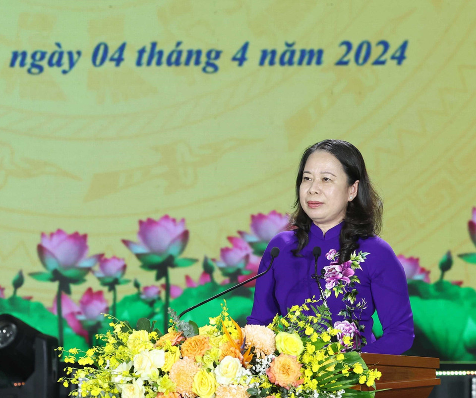 Quyền Chủ tịch nước Võ Thị Ánh Xuân phát biểu chúc mừng Đại học Thái Nguyên. (Ảnh: Thống Nhất/TTXVN)