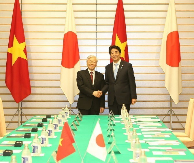 Thủ tướng Abe Shinzo đón, hội đàm với Tổng Bí thư Nguyễn Phú Trọng thăm chính thức Nhật Bản (15-18/9/2015). (Ảnh: Trí Dũng/TTXVN)