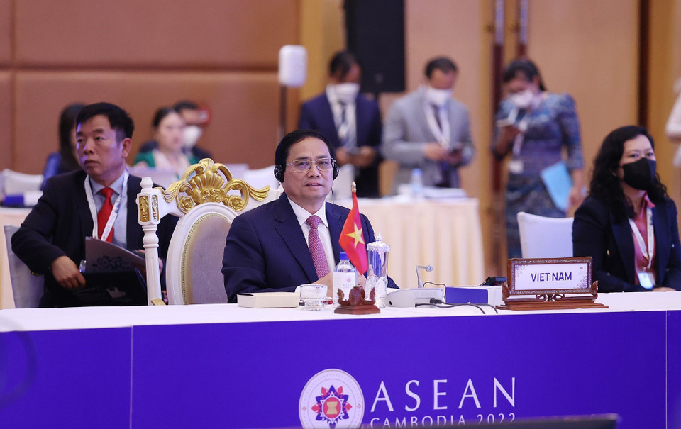 Thủ tướng Phạm Minh Chính tại Phiên họp hẹp Hội nghị cấp cao ASEAN lần thứ 41. (Ảnh: Dương Giang/TTXVN)