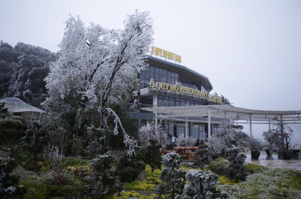 Khu vực Cổng trời, đỉnh đèo Ô Quý Hồ được bao phủ một lớp băng dày tạo lên một màu trắng xóa. (Ảnh: Quý Trung/TTXVN)