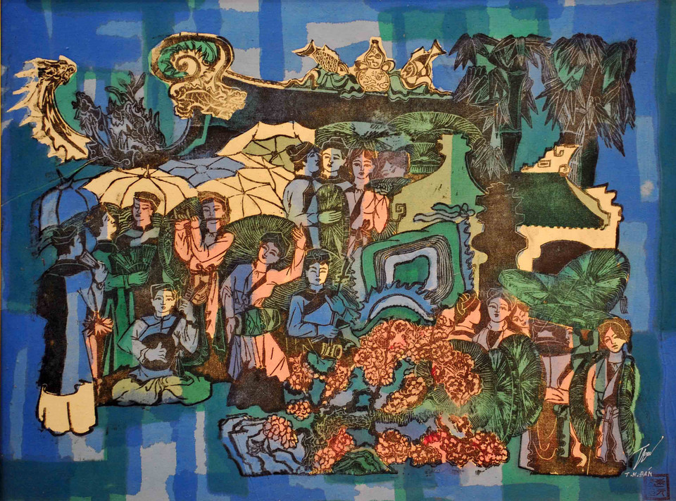 Tác phẩm 'Quan họ sân đình làng' được in trên vải vào năm 1998. (Ảnh: Doãn Đức/Vietnam+)