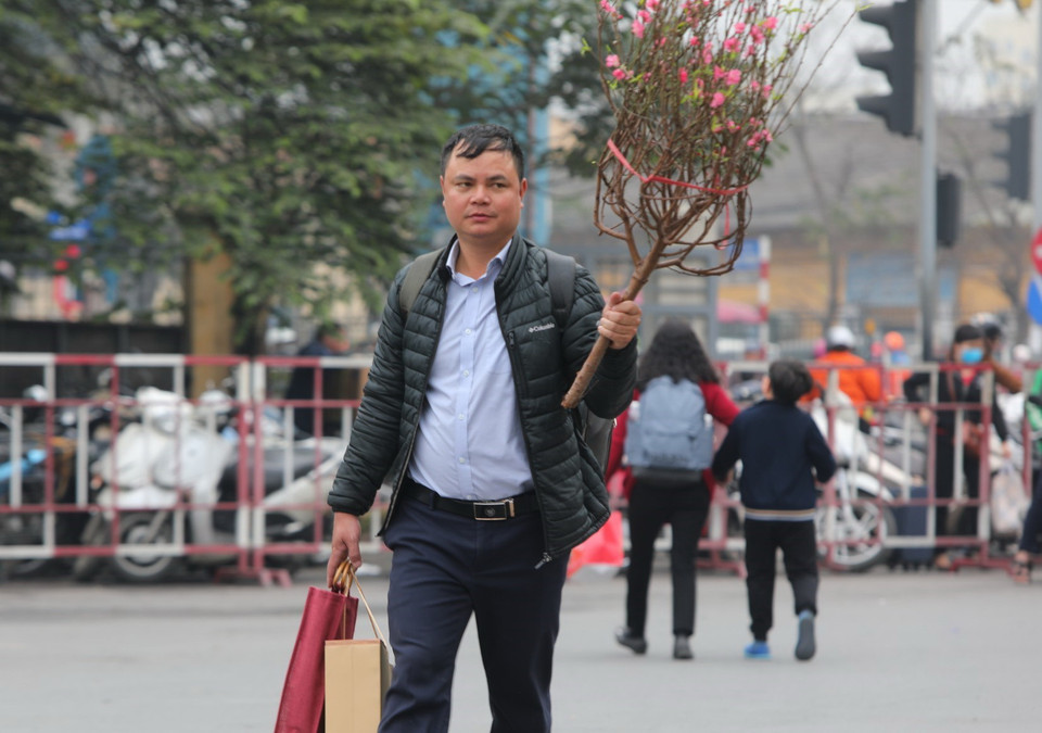 Người dân cùng với những cành đào Xuân về quê ăn Tết Nguyên đán tại Bến xe Giáp Bát. (Ảnh: Thành Đạt/TTXVN)