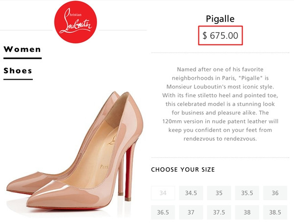 Giày cao gót màu nude của Christian Louboutin được yết giá 675USD (khoảng 15 triệu đồng).