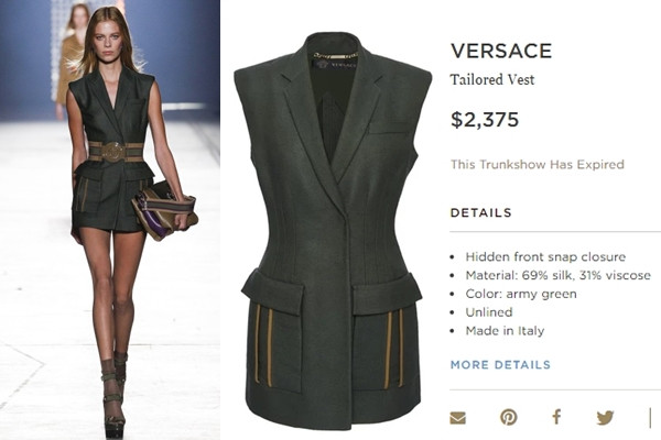 Mẫu áo vest mang phong cách quân đội mà Thanh Hằng đã chọn là thiết kế từ bộ sưu tập Xuân Hè 2016 của thương hiệu Versace, được yết giá 2.375USD (khoảng 53 triệu đồng).