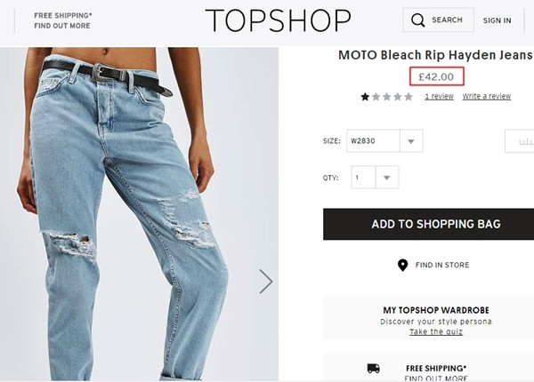 Quần jeans cũng của nhãn hàng Topshop có giá 1,4 triệu đồng.