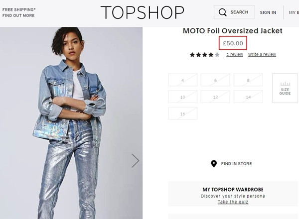 Mẫu áo khoác cá tính Thanh Hằng diện được bán với giá 1,6 triệu đồng trên website của Topshop.