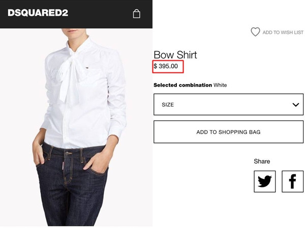 Sơmi buộc nơ mà siêu mẫu mặc trong cũng của Dsquared2, được yết giá 395USD (khoảng 9 triệu đồng) trên website hãng.