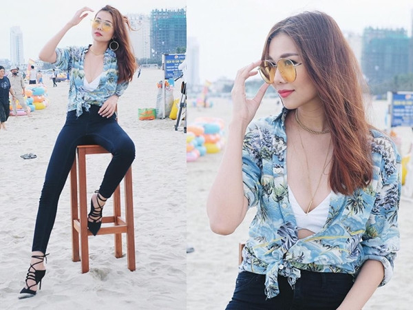 Khi casting ở miền Trung, phải ghi hình tại biển, Thanh Hằng chọn sơmi họa tiết nhiệt đới để làm bật concept. Cô phối mẫu áo này với quần skinny jeans khoe đôi chân thon dài, giúp mình gợi cảm hơn bằng cách khoe khéo nội y quyến rũ.