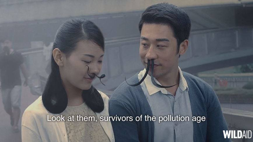 Đoạn video là sản phẩm của WildAid, một tổ chức phi chính phủ có trụ sở ở Mỹ. WildAid nói rằng ô nhiễm sẽ làm lông mũi con người mọc dài hơn để lọc khói bụi. (Nguồn: CCTVNews)