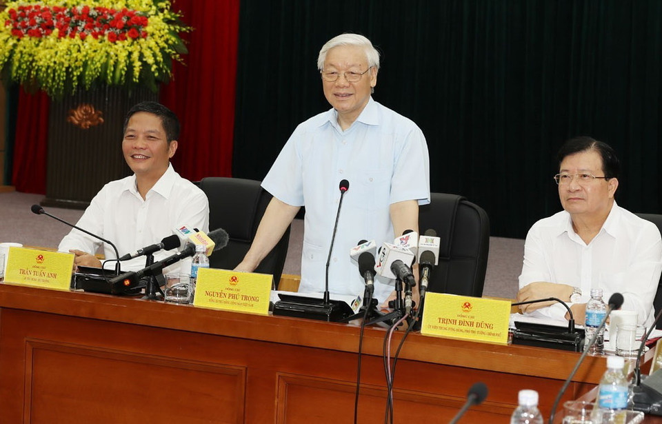 Tổng Bí thư Nguyễn Phú Trọng phát biểu tại buổi làm việc. (Ảnh: Trí Dũng/TTXVN)