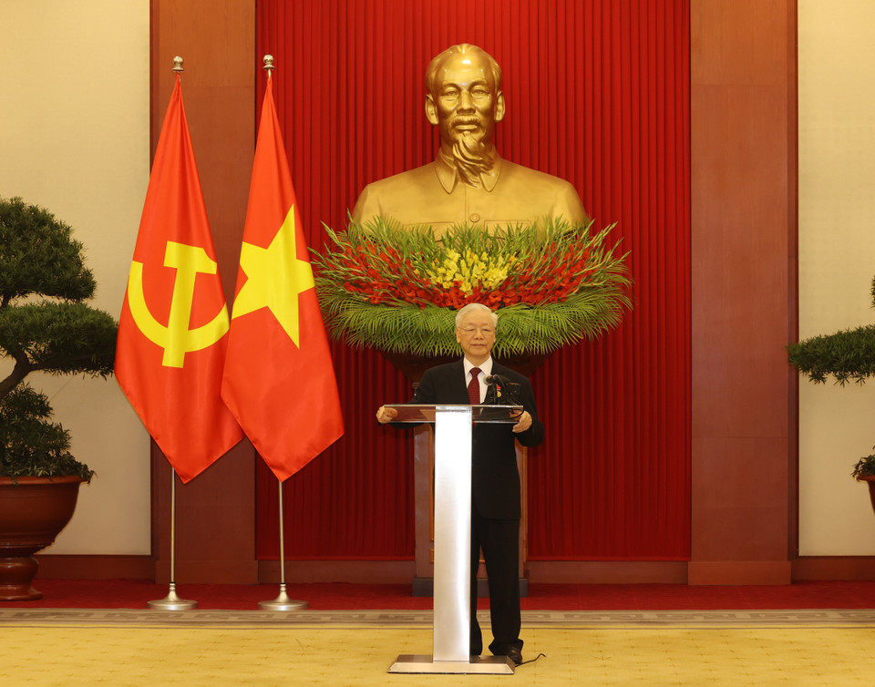 Tổng Bí thư Nguyễn Phú Trọng phát biểu tại Lễ trao tặng Giải thưởng. (Ảnh: Trí Dũng/TTXVN)