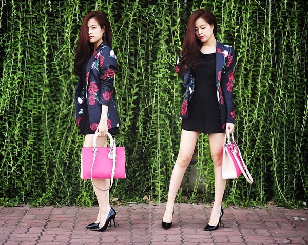 Với dòng túi Diorissimo, Hoàng Thùy Linh còn tậu cả phiên bản kết hợp hai gam hồng phấn và hồng hoa vân anh ngọt ngào.