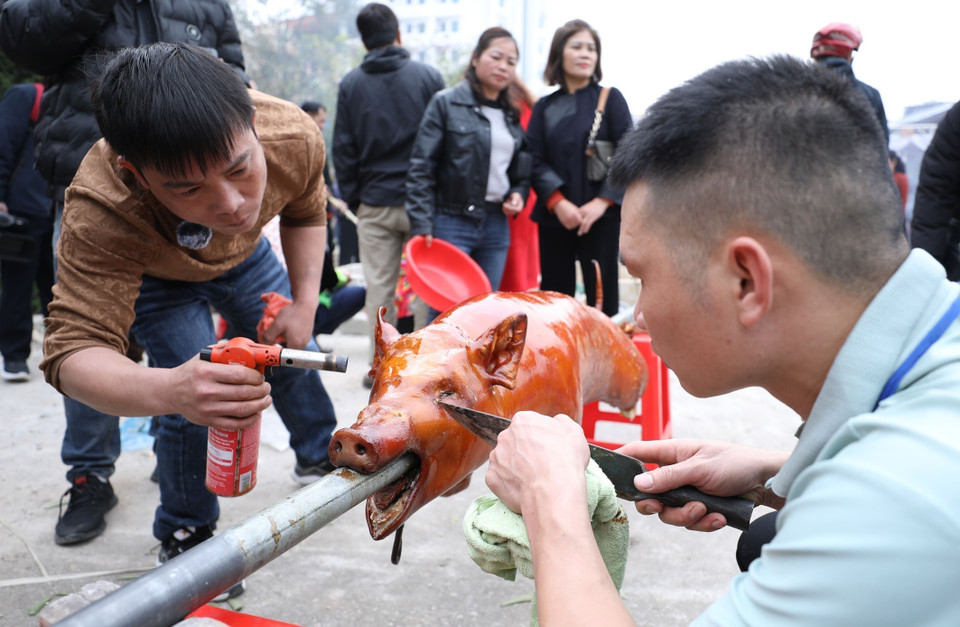 Làm đẹp lợn sau khi quay để đưa lên mâm trang trí. (Ảnh: Anh Tuấn/TTXVN)