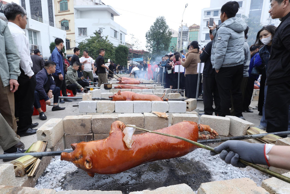 Các đội thực hiện phần thi quay lợn. (Ảnh: Anh Tuấn/TTXVN)