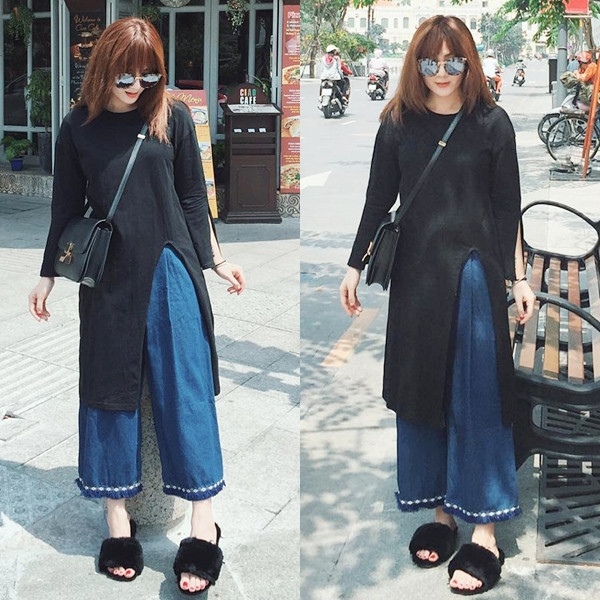 Yến Nhi chứng tỏ gu thời trang độc đáo bằng trang phục được kết hợp ngẫu hứng. Áo dáng dài có tà xẻ cao phối hợp cùng quần culottes chất liệu denim tạo sức hấp dẫn hơn khi được kết hợp cùng phụ kiện túi đeo nhỏ, kính mắt tráng gương và đôi dép lông cá tính, thời thượng.