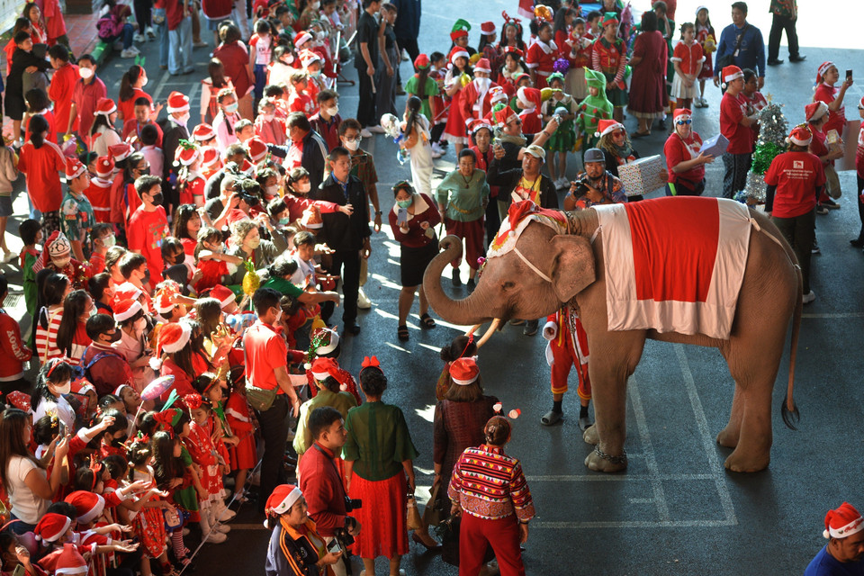 Voi trong trang phục Ông già Noel chào đón Giáng sinh cùng các em học sinh tại trường học ở Ayutthaya, (Thái Lan), ngày 22/12/2023. (Ảnh: THX/TTXVN)