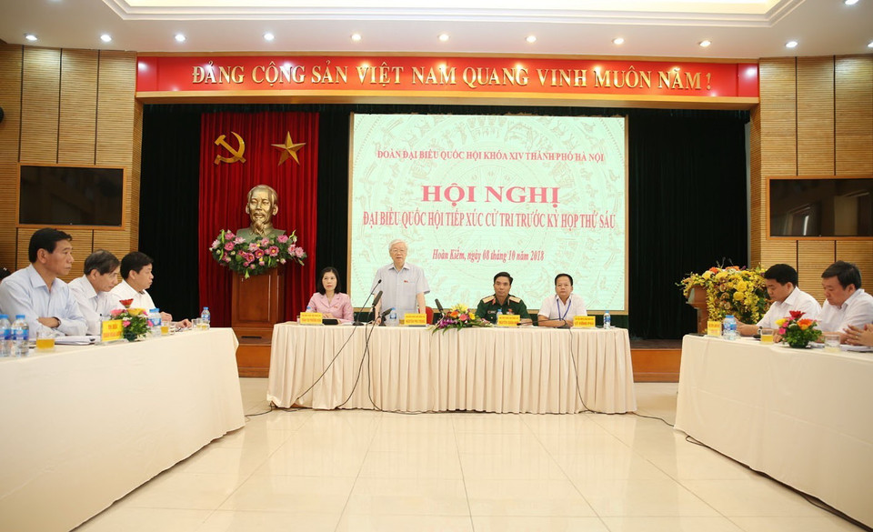 Tổng Bí thư Nguyễn Phú Trọng phát biểu tại buổi tiếp xúc cử tri quận Ba Đình và quận Hoàn Kiếm. (Ảnh: Trí Dũng/TTXVN)