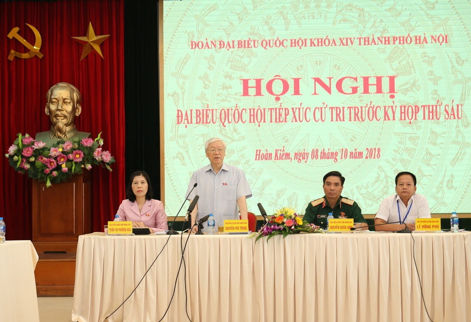 Tổng Bí thư Nguyễn Phú Trọng phát biểu tại buổi tiếp xúc cử tri quận Ba Đình và quận Hoàn Kiếm. (Ảnh: Trí Dũng/TTXVN)