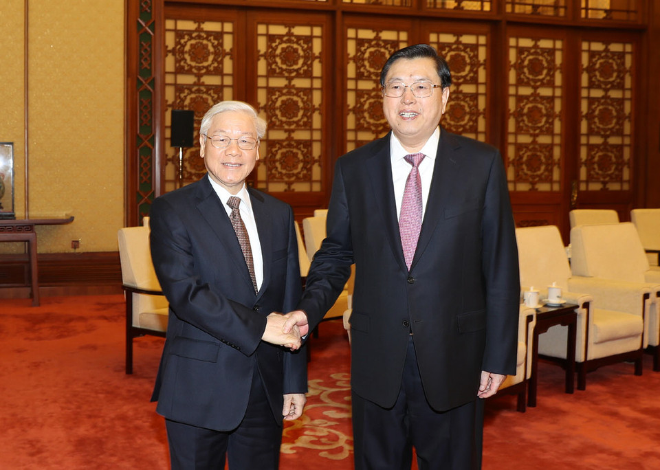 Chiều 13/1, Tổng Bí thư Nguyễn Phú Trọng hội kiến với Ủy viên Thường vụ Bộ Chính trị, Ủy viên trưởng Ủy ban Thường vụ Đại hội Đại biểu Nhân dân toàn quốc Trung Quốc Trương Đức Giang. (Ảnh: Trí Dũng/TTXVN)