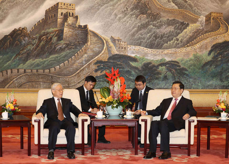 Tổng Bí thư Nguyễn Phú Trọng hội kiến với Ủy viên trưởng Nhân đại Trung Quốc Trương Đức Giang. (Ảnh: Trí Dũng/TTXVN)