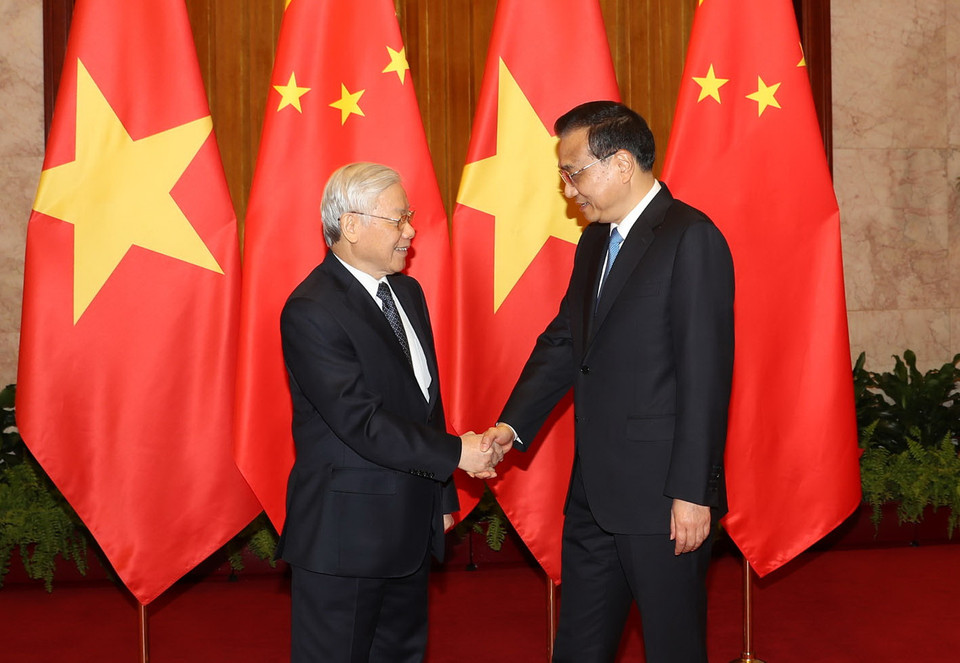 Sáng 13/1/2017, tại Đại Lễ đường Nhân dân ở Thủ đô Bắc Kinh, Tổng Bí thư Nguyễn Phú Trọng hội kiến với Ủy viên Thường vụ Bộ Chính trị, Thủ tướng Quốc vụ viện Trung Quốc Lý Khắc Cường. (Ảnh: Trí Dũng/TTXVN)