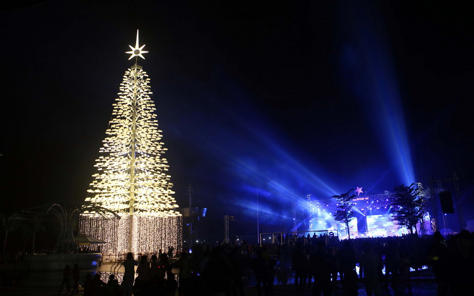 Cây thông phalê cao 30m chính thức được thắp sáng chào đón giáng sinh và khởi động các hoạt động lễ hội tại đây. (Ảnh: Trần Lê Lâm/Vietnam+)
