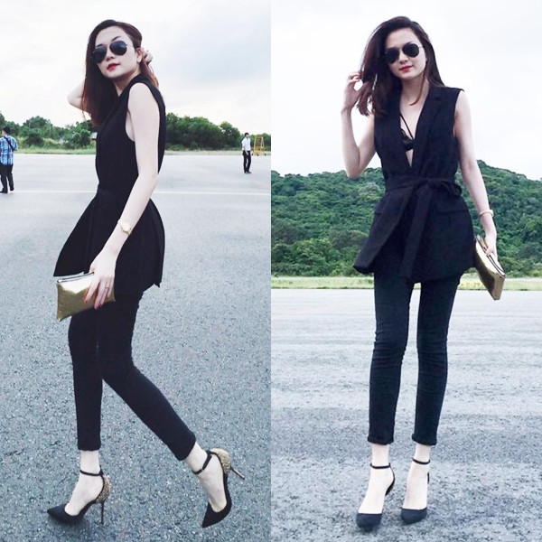 Thiều Bảo Trang diện áo gilê đai quấn quyến rũ. Nữ ca sỹ cuốn hút trong bộ cánh tuyền đen và ví cầm ánh kim tạo điểm thu hút cho tổng thể trang phục.