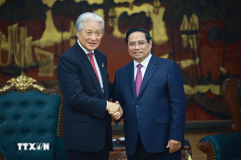 Thủ tướng Phạm Minh Chính tiếp Thống đốc tỉnh Tochigi (Nhật Bản) Fukuda Tomikazu. (Ảnh: Dương Giang/TTXVN)