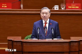 Tổng Bí thư Tô Lâm thay mặt Ban Chấp hành Trung ương Đảng khóa XIV phát biểu ý kiến. (Ảnh: TTXVN)