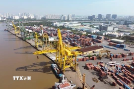 Hoạt động bốc xếp container tại Cảng Tân Thuận-Công ty Cổ phần Cảng Sài Gòn. (Ảnh: Quốc Khánh/TTXVN)