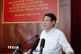 Chủ tịch nước Lương Cường phát biểu tại sinh hoạt chuyên đề của Chi bộ thôn Quảng Chính 6, xã Quảng Hà. (Ảnh: Lâm Khánh/TTXVN)