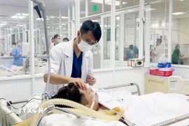 Bác sỹ Bệnh viện Quân y 175, Thành phố Hồ Chí Minh điều trị cho bệnh nhân sốt xuất huyết nặng. (Ảnh: Đinh Hằng/TTXVN)