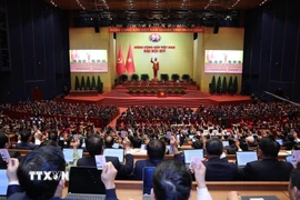 Các đại biểu biểu quyết thông qua Nghị quyết Đại hội XIV của Đảng. (Ảnh: TTXVN)