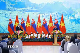 Thủ tướng Lê Minh Hưng và Thủ tướng Slovakia Robert Fico gặp gỡ báo chí hai nước. (Ảnh: Dương Giang/TTXVN)