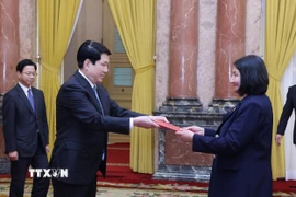 Chủ tịch nước Lương Cường nhận Quốc thư từ Đại sứ Cộng hòa Chile tại Việt Nam Nasly Isabel Bernal Prado. (Ảnh: Lâm Khánh/TTXVN)