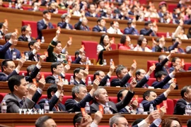 Đại hội biểu quyết thông qua dự thảo Chương trình điều chỉnh chương trình Đại hội XIV của Đảng. (Ảnh: TTXVN)