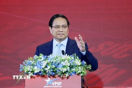 Thủ tướng Phạm Minh Chính phát biểu tại Phiên đối thoại cấp cao Diễn đàn Kinh tế tư nhân Việt Nam (VPSF) 2025. (Ảnh: Dương Giang/TTXVN)