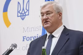 Ngoại trưởng Ukraine Andrii Sybiha trong cuộc họp báo tại Kiev ngày 26/3/2025. (Ảnh: Kyodo/TTXVN)