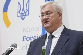 Ngoại trưởng Ukraine Andrii Sybiha trong cuộc họp báo tại Kiev ngày 26/3/2025. (Ảnh: Kyodo/TTXVN)