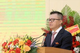Đồng chí Lê Quốc Minh, Ủy viên Ban chấp hành Trung ương Đảng, Phó Trưởng Ban Tuyên giáo và Dân vận Trung ương, Bí thư Đảng ủy, Tổng Biên tập Báo Nhân dân, Chủ tịch Hội Nhà báo Việt Nam phát biểu. (Ảnh: Tuấn Anh/TTXVN)