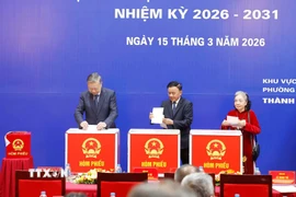 Tổng Bí thư Tô Lâm và đồng chí Trần Cẩm Tú, Ủy viên Bộ Chính trị, Thường trực Ban Bí thư bỏ phiếu bầu cử tại Khu vực bỏ phiếu số 02 phường Ba Đình, thành phố Hà Nội. (Ảnh: Thống Nhất/TTXVN)