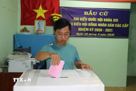 Người dân đi bỏ phiếu sớm tại xã Tân Phú Đông, tỉnh Đồng Tháp. (Ảnh: Hữu Chí/TTXVN)