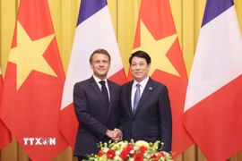 Chủ tịch nước Lương Cường và Tổng thống Pháp Emmanuel Macron chụp ảnh chung trước hội đàm. (Ảnh: Lâm Khánh/TTXVN)