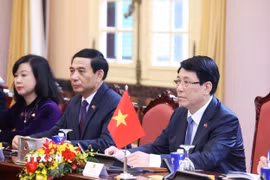 Chủ tịch nước Lương Cường phát biểu tại hội đàm với Tổng thống Pháp Emmanuel Macron. (Ảnh: Lâm Khánh/TTXVN)