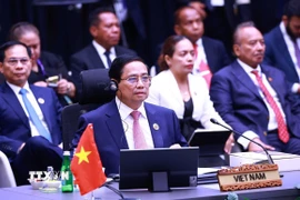 Thủ tướng Phạm Minh Chính tham dự và phát biểu tại Phiên toàn thể Hội nghị Cấp cao ASEAN lần thứ 46. (Ảnh: Dương Giang/TTXVN)