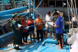 Bộ đội Biên phòng Cà Mau tuyên truyền, vận động ngư dân thực hiện tốt các quy định chống khai thác IUU. (Ảnh: Kim Há/TTXVN)